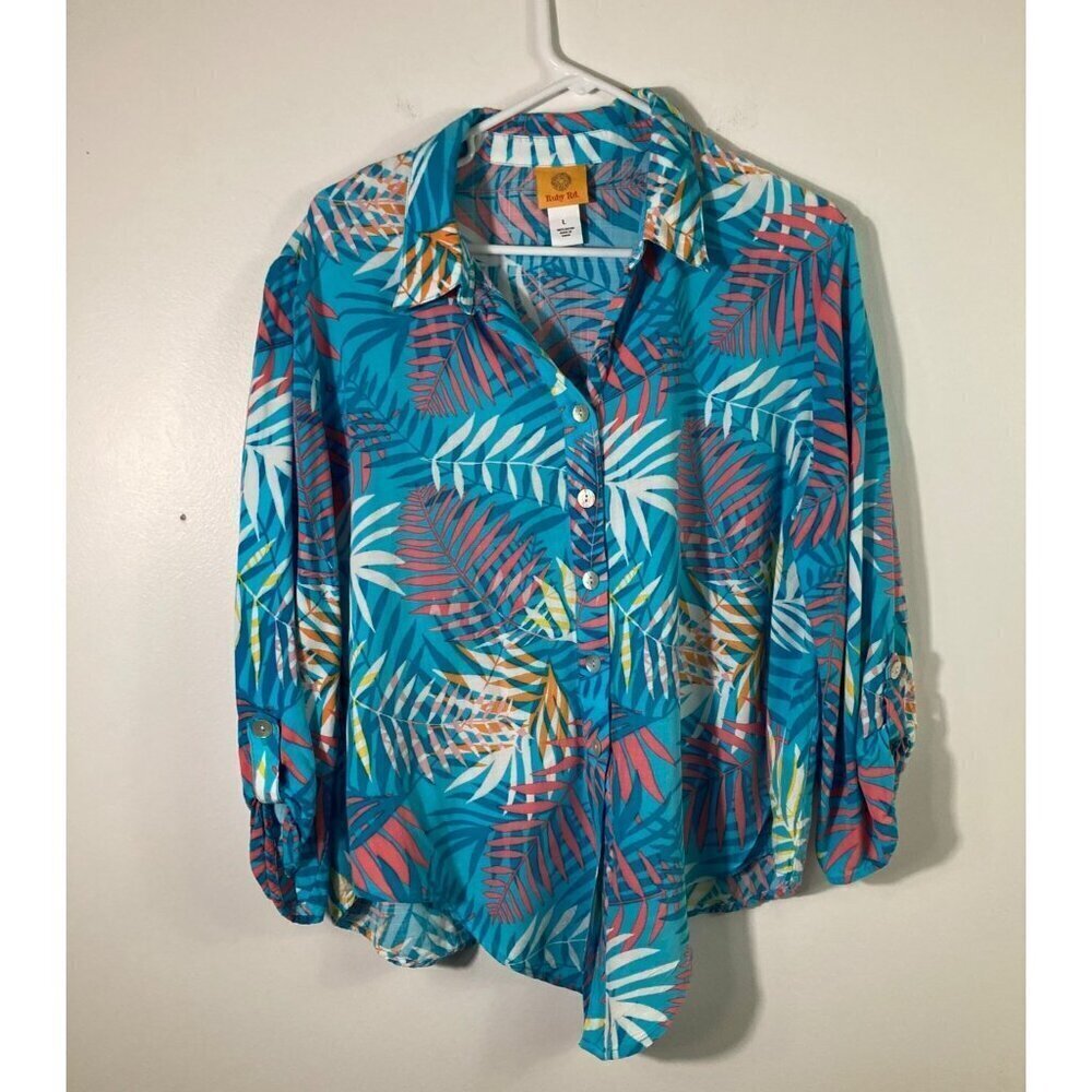 Womens Ruby Rd Hawaiian Button Shirt Tie Front Blue Orange Palm Leaves L